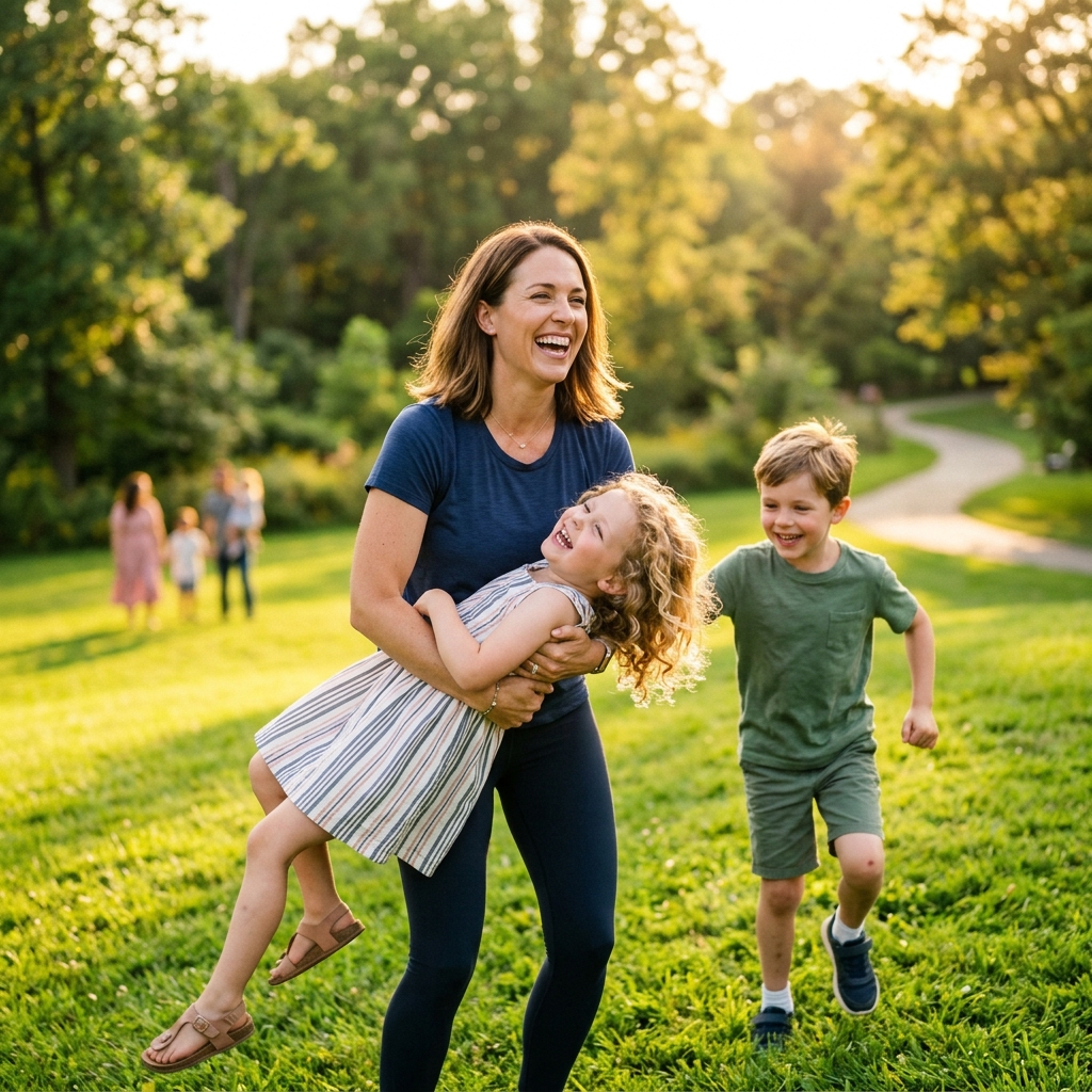 Relaxed professional parent playing with children in a park, representing health and vitality